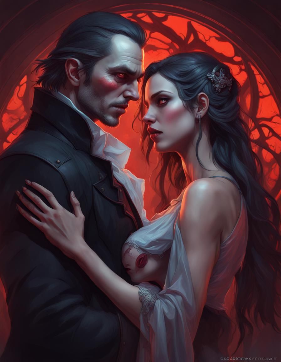 Romantic Vampire Couple Portrait in Hyperdetailed Style