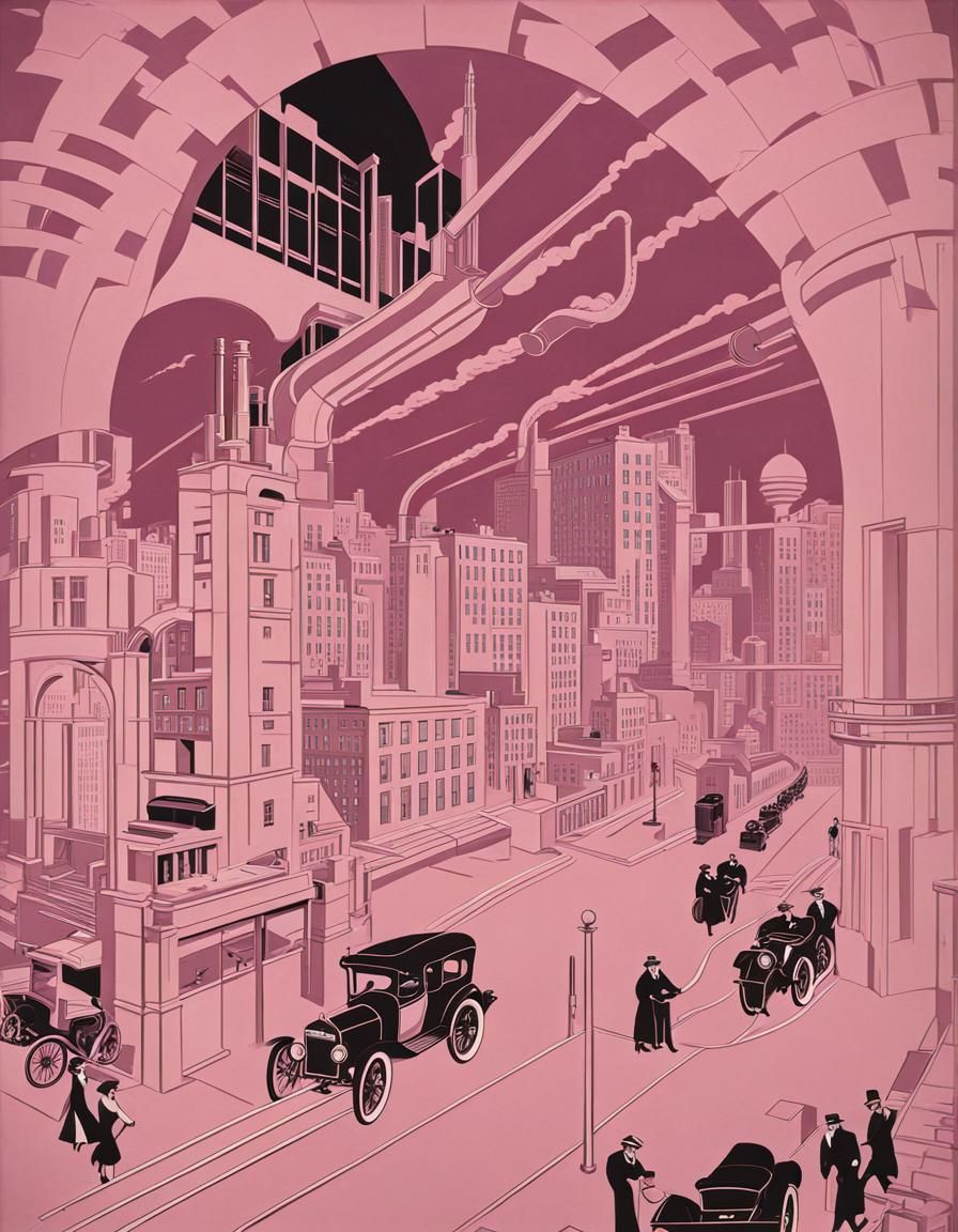 Industrial Cityscape in Woodcut Style