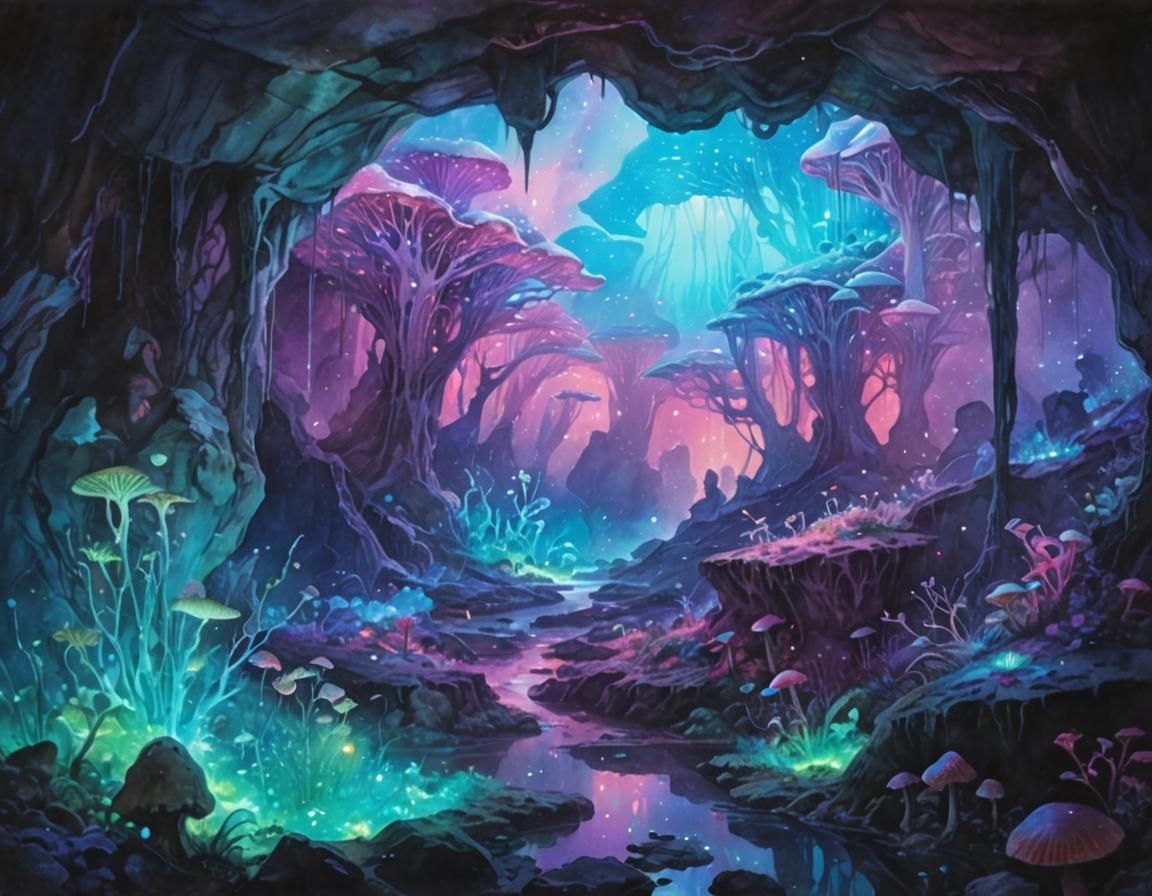 Extraterrestrial Cave with Bioluminescent Crystals in Waterc...