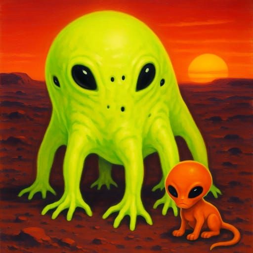 Neon Alien Specimen with Orange Pet on Mars