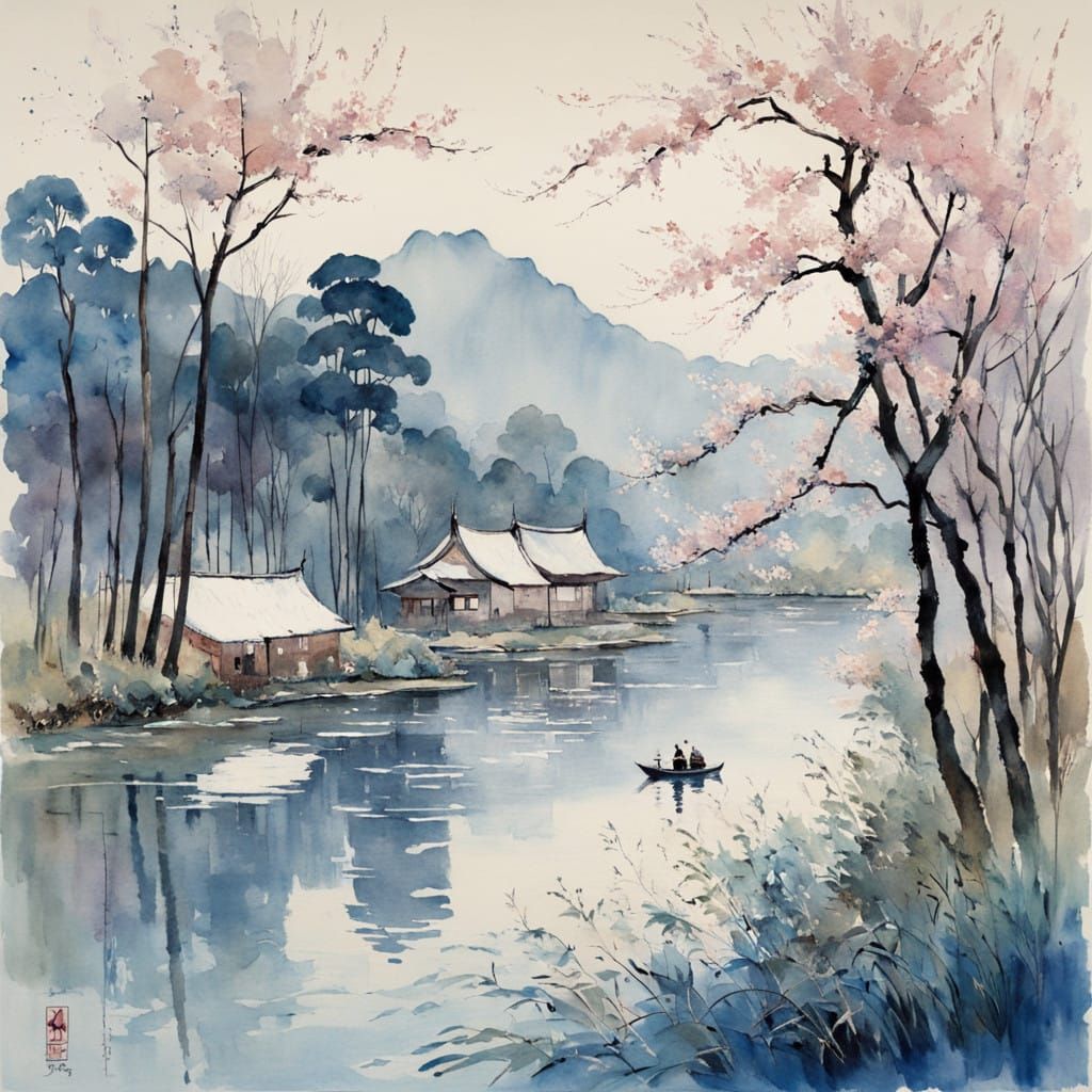 Tranquil French Landscape at Lunar New Year, Watercolor Pain...