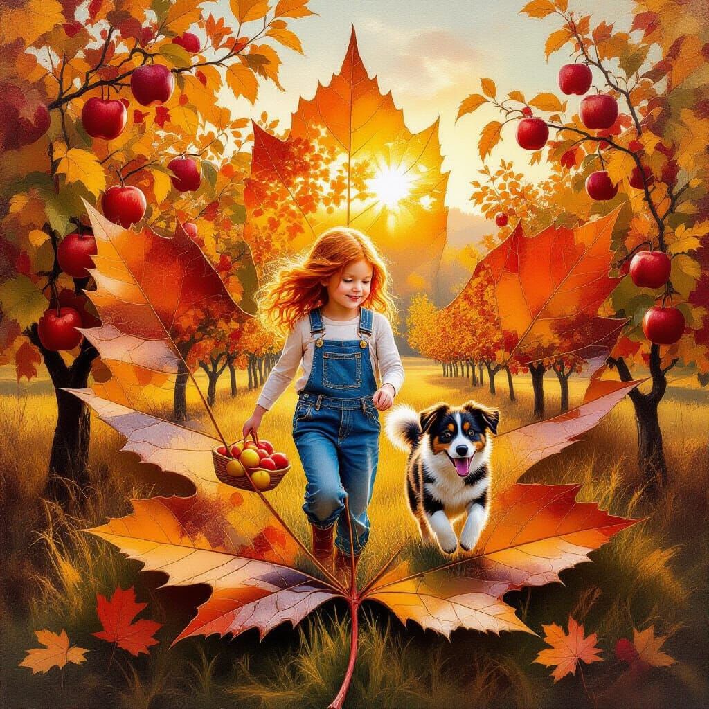 Autumn Leaf Double Exposure Oil Painting with Girl and Dog