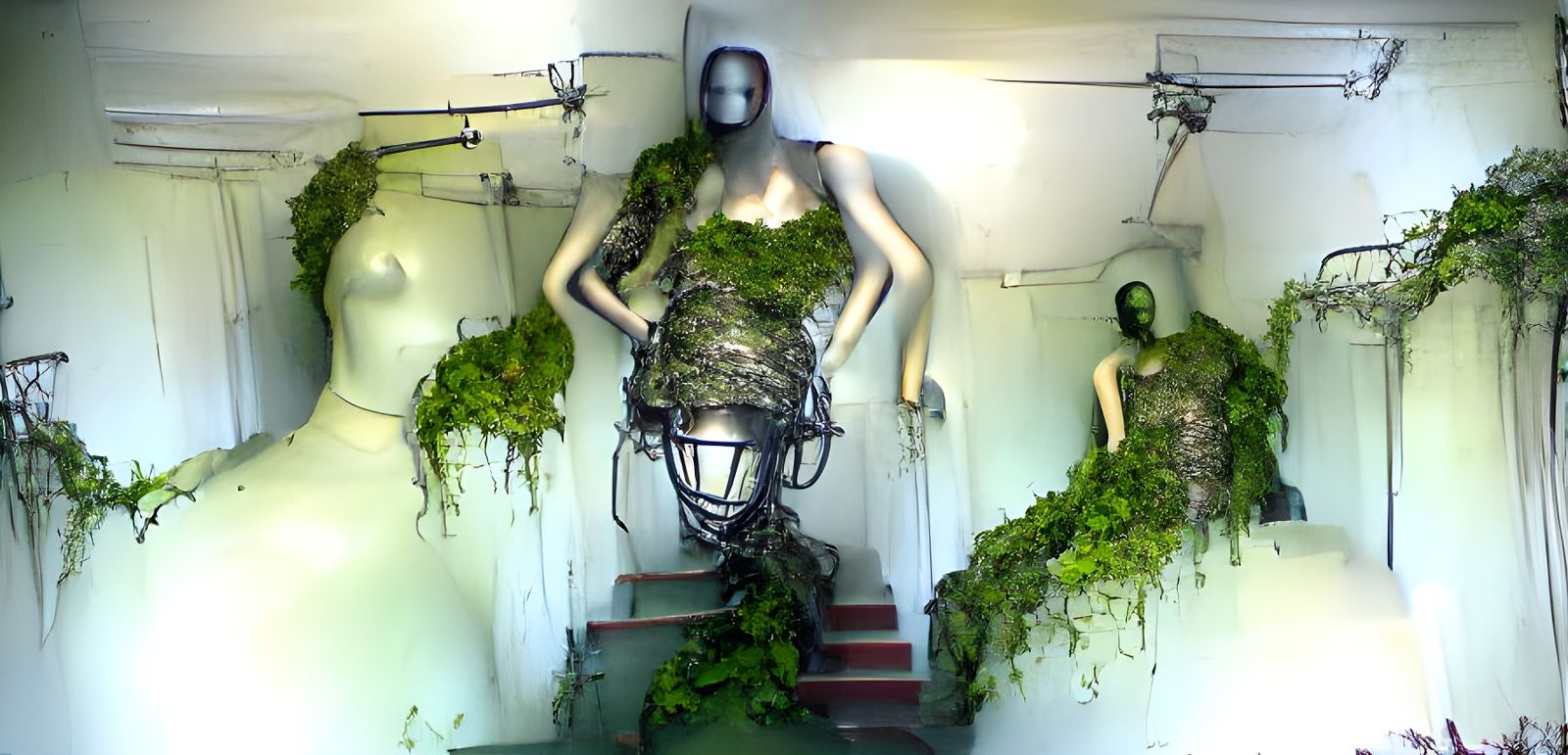 Overgrown Mannequin: Vines, Moss, and Volumetric Lighting