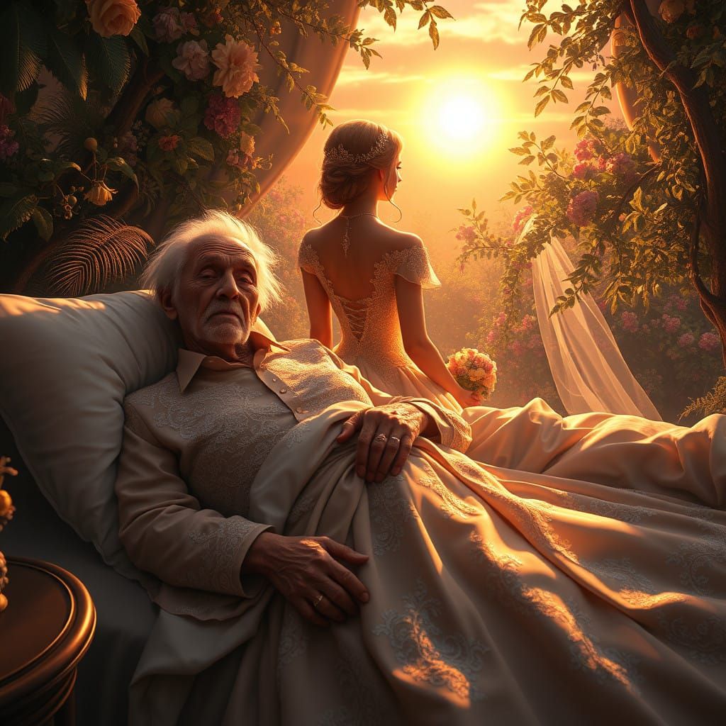 Frail Elderly Man Longs for Radiant Bride on Sunset Deathbed
