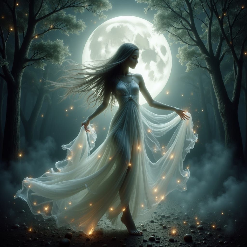 Moonlit Dance in Ethereal Forest, Hyperrealistic Style