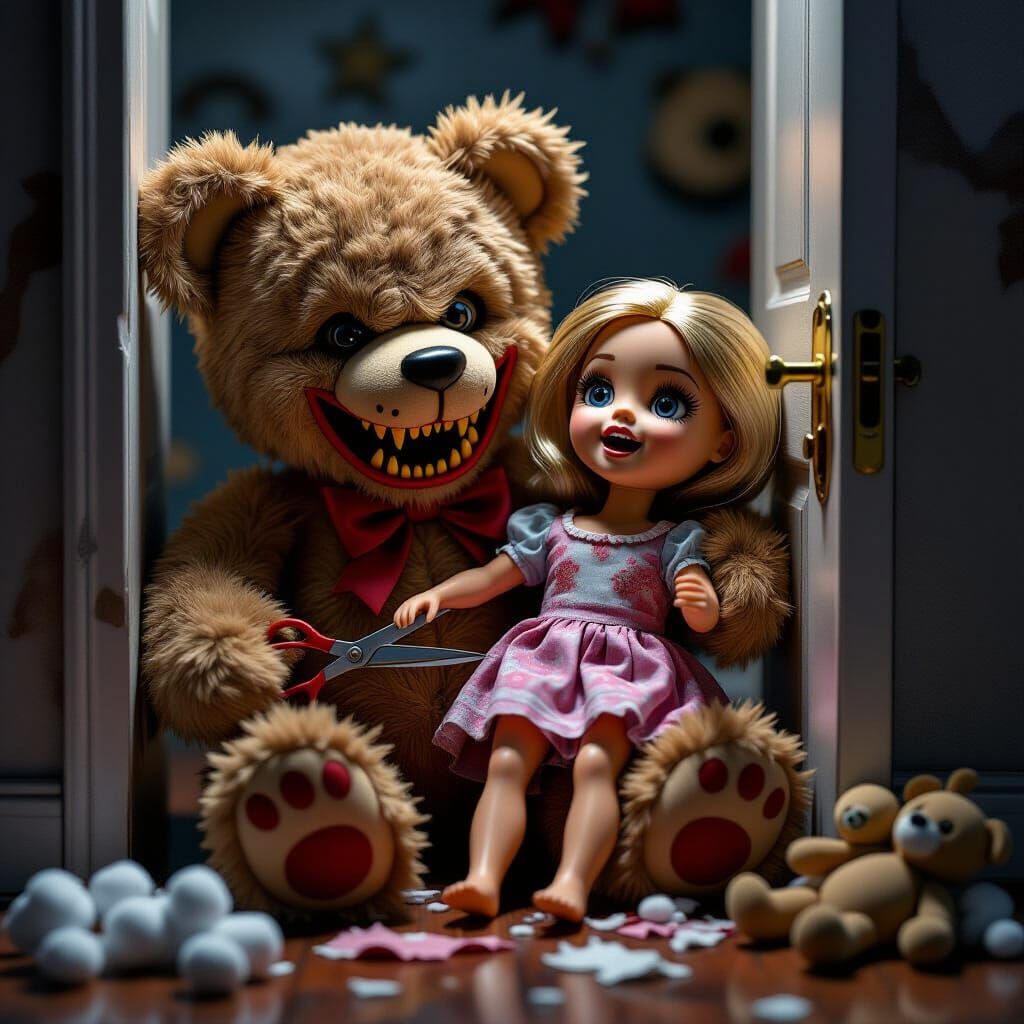 Nightmare Teddy Bear with Barbie Doll Head - Fantasy Scene