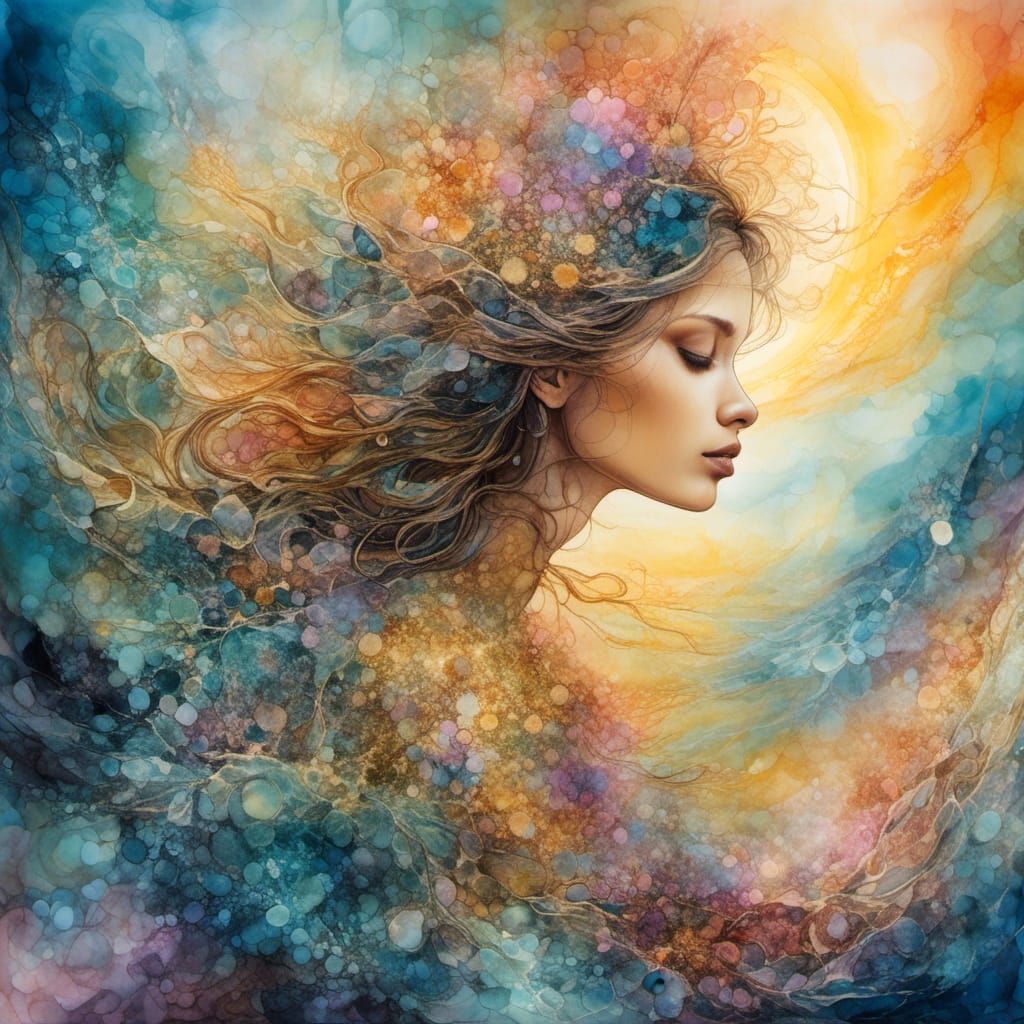 Mystical Lady Watching Sky with Abstract Energy