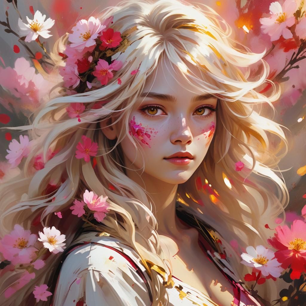 Fantasy Woman Surrounded by Flowers in Digital Painting Styl...