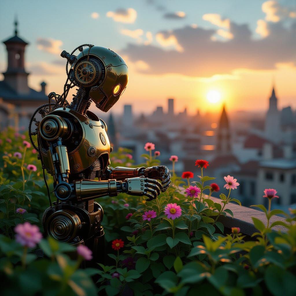 Automaton Tends Steampunk Rooftop Garden at Sunset