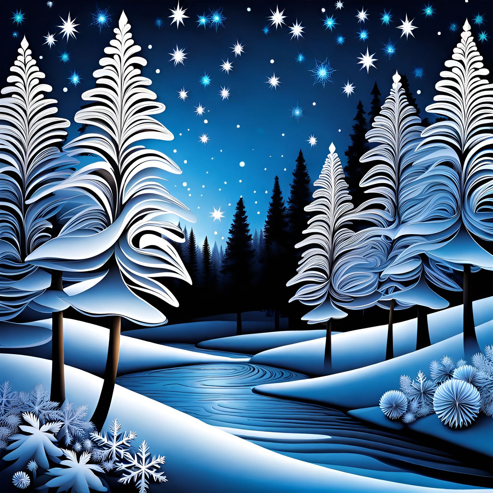 Winter Forest Scene with Abstract Fractal Stars