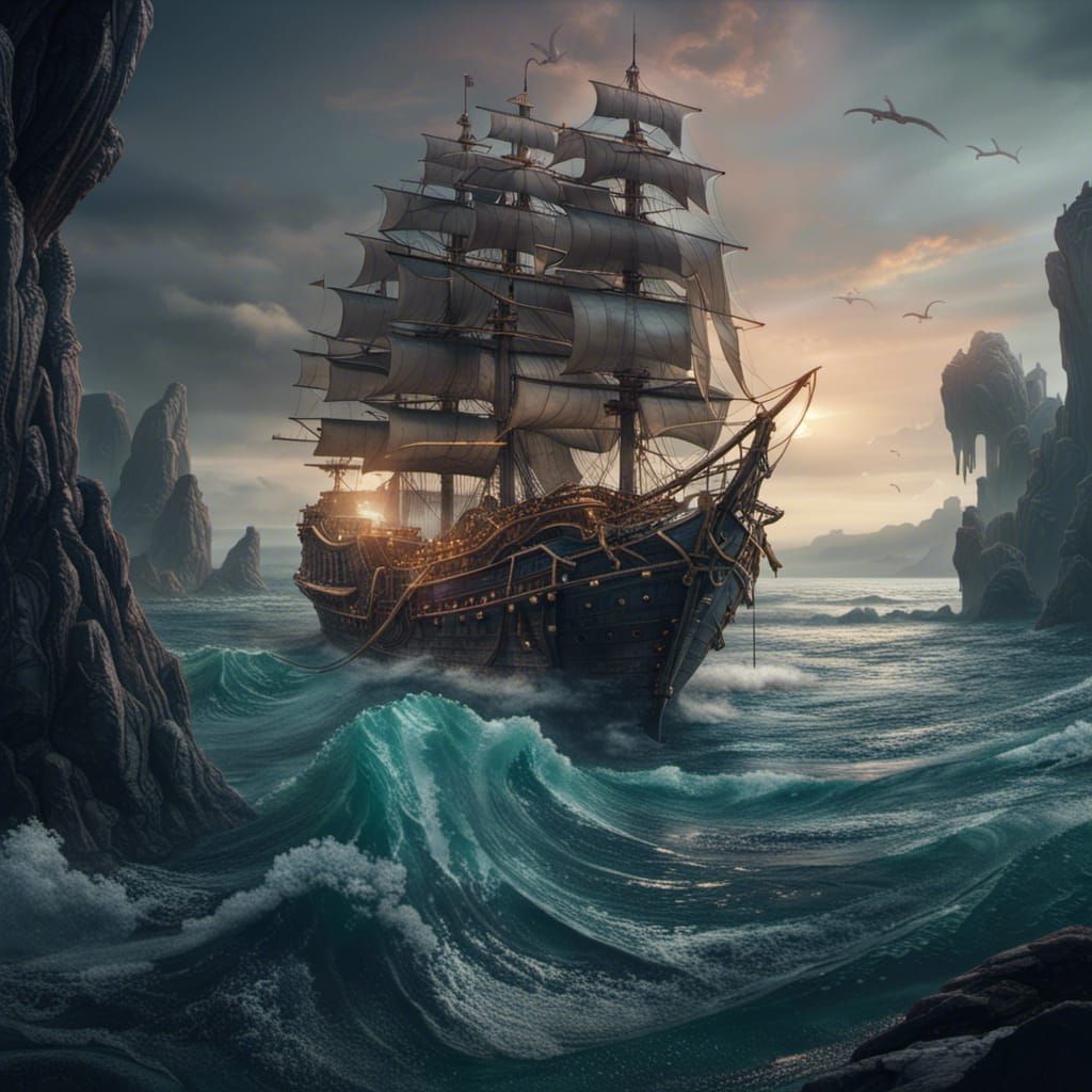 Detailed Sea Scene with Ship as Matte Painting