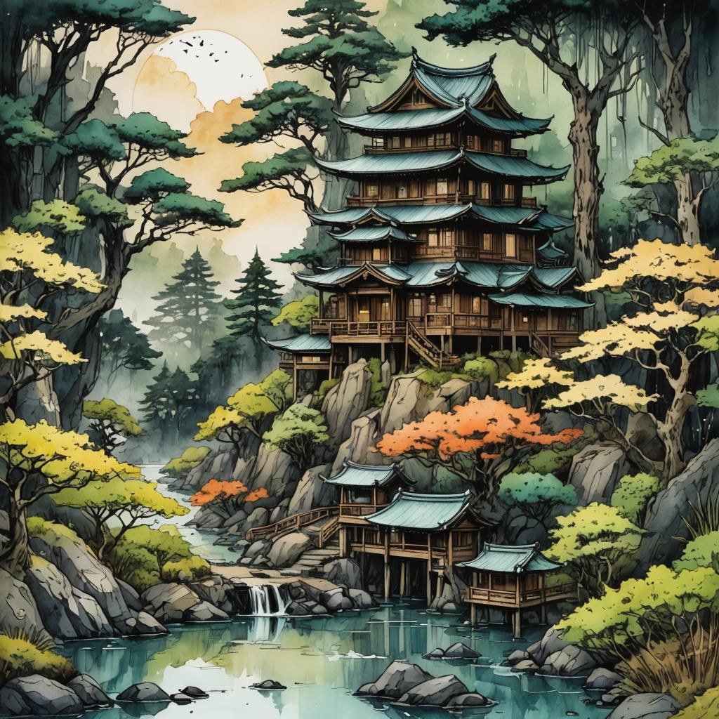 Minimalist Japanese House in Watercolor Wash