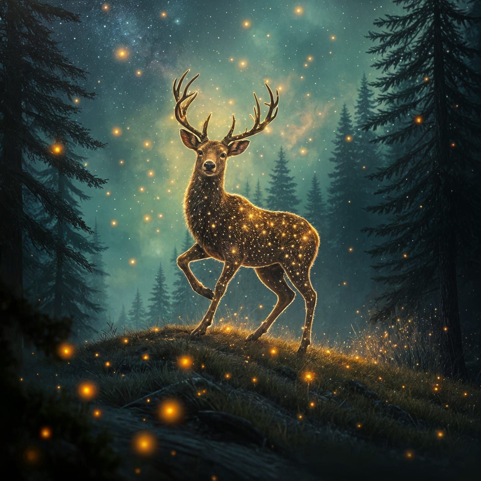 Glowing Deer in Starry Forest