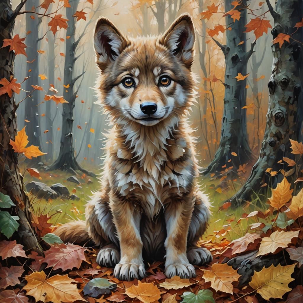 Cute Wolf Cub in Mystical Autumn Meadow