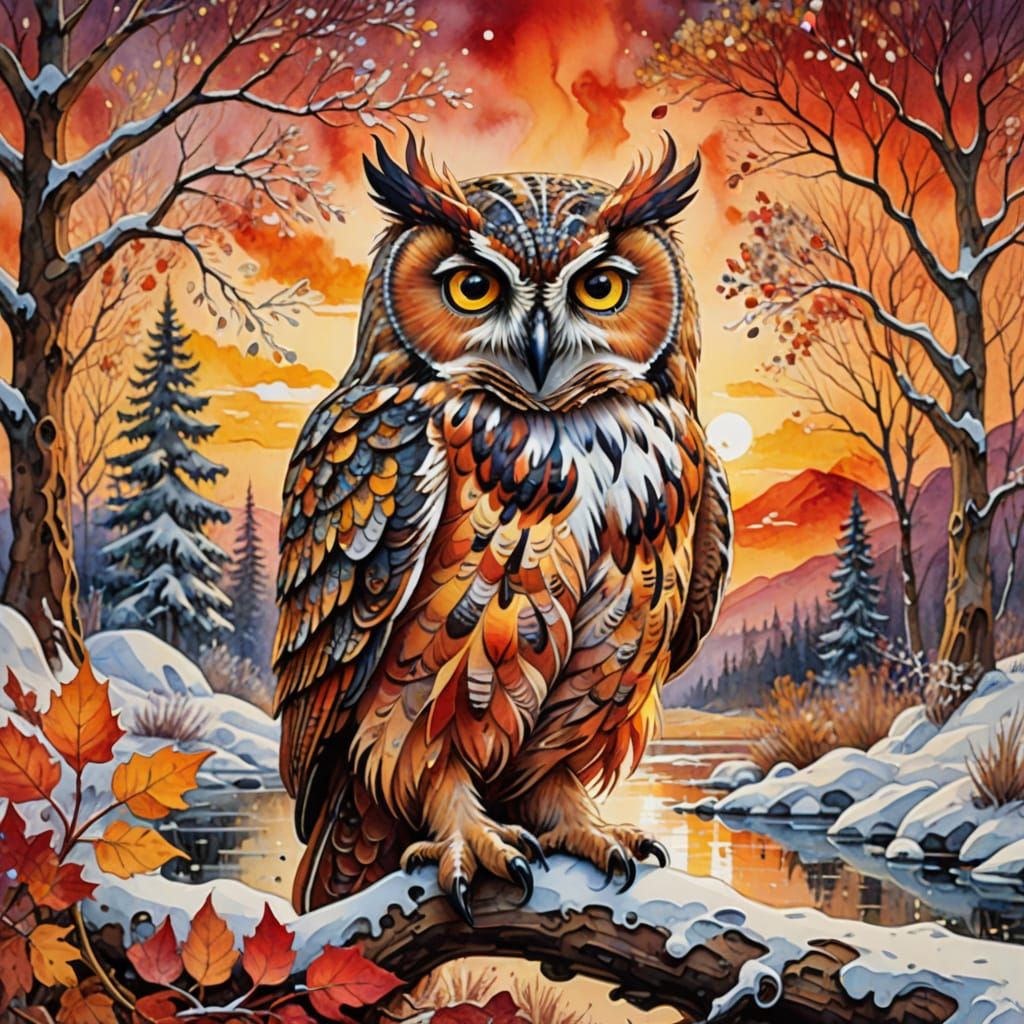 Vibrant Autumn Sunset Owl in Whimsical Watercolor
