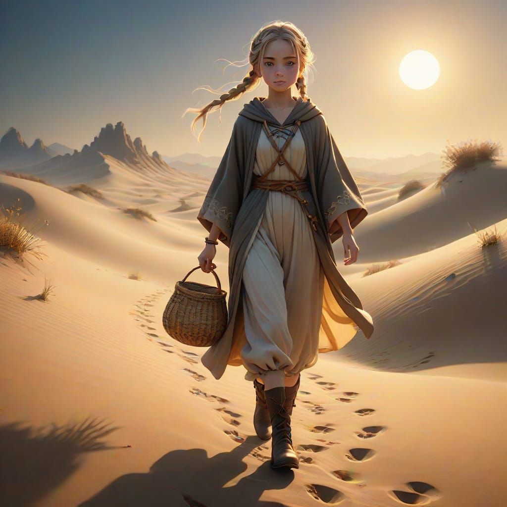 Medieval Fantasy Girl Walks Desert Sands under Soft Moonligh...