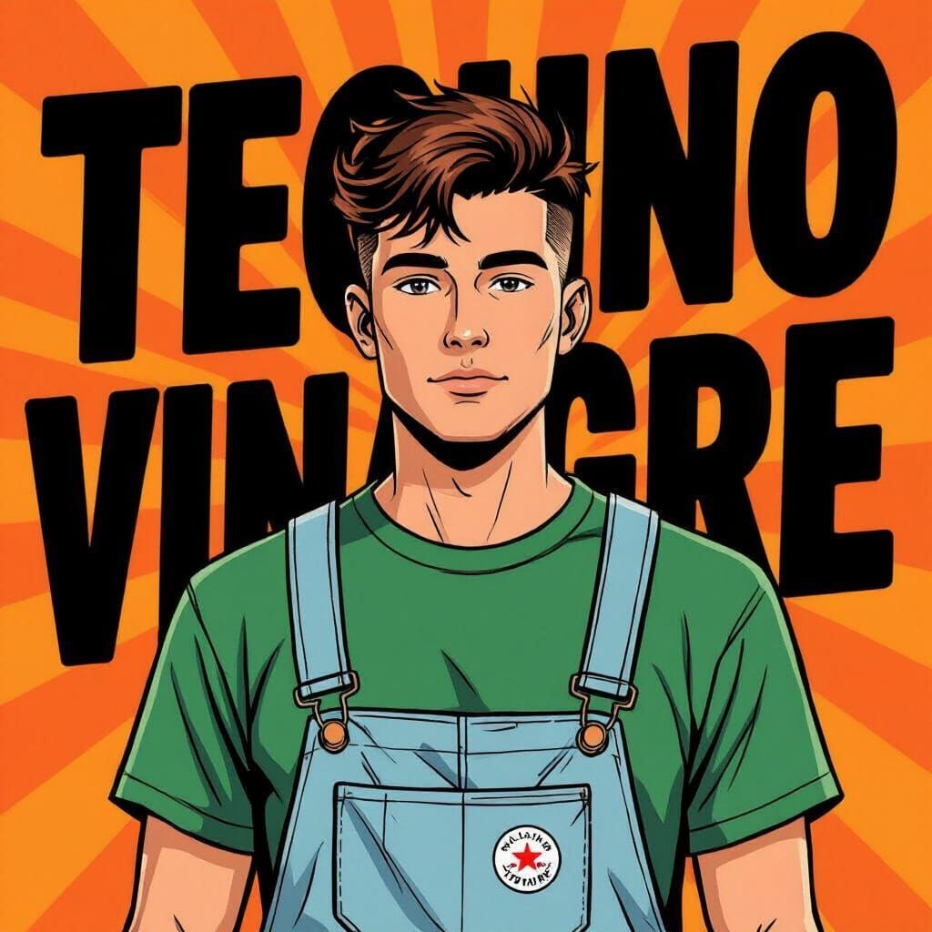 Man with Bowl Cut in Denim Overalls, Comic Style