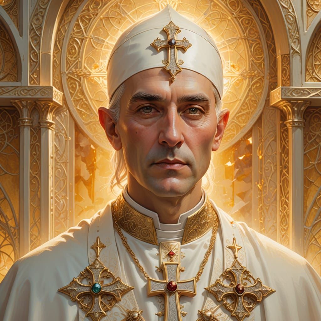 Pope wearing a white cassock and two pectoral crosses, like an Eastern Catholic bishop