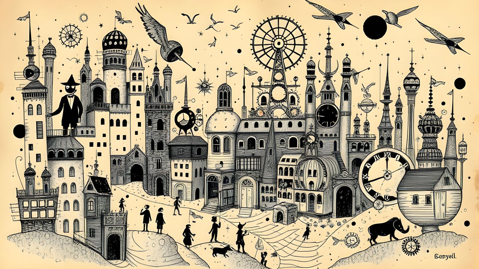 Whimsical Doodle Landscape with Steampunk Elements