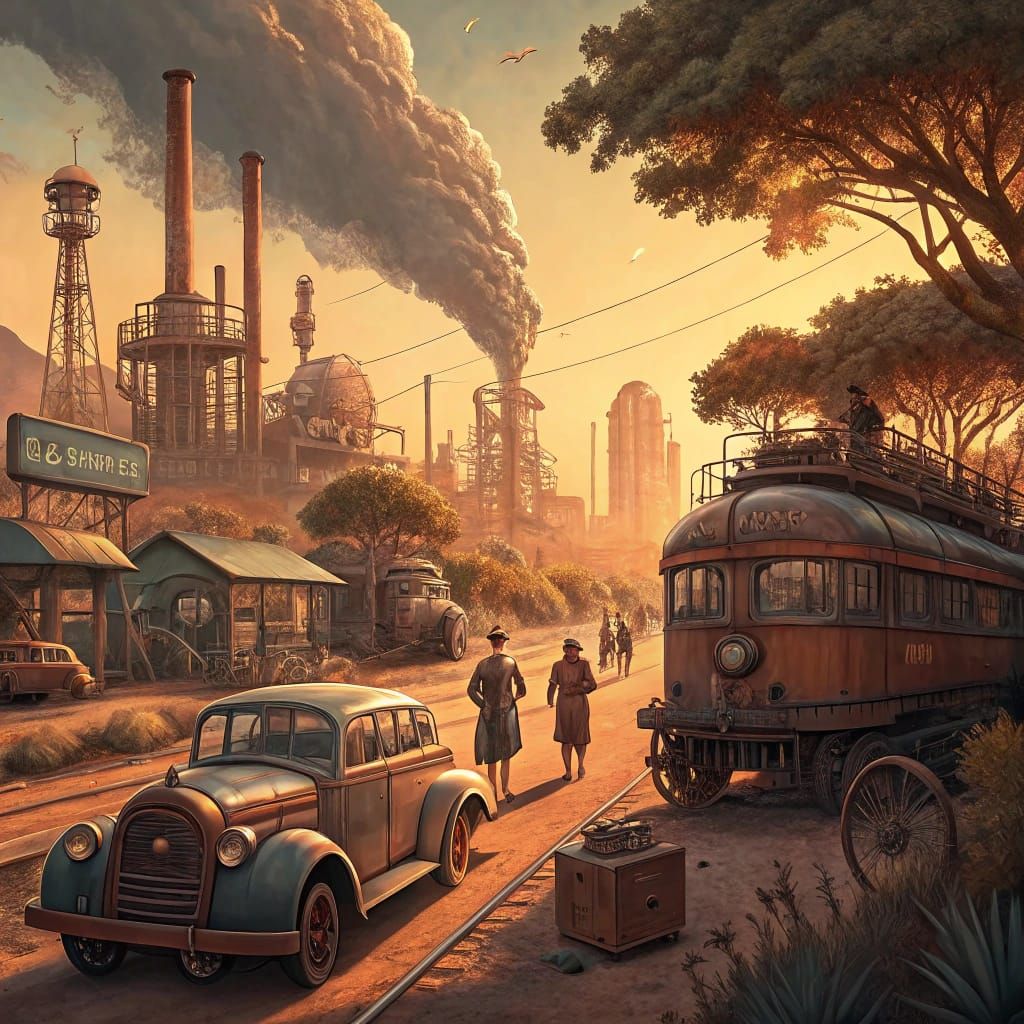 Dieselpunk Landscape with Vintage Machinery and Daily Life