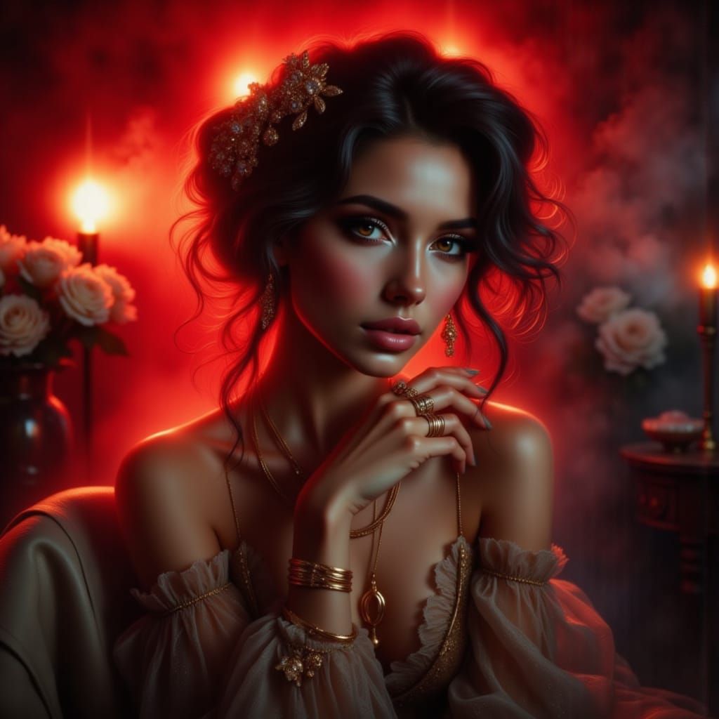 90s Style Portrait in Dimly Lit Red Room