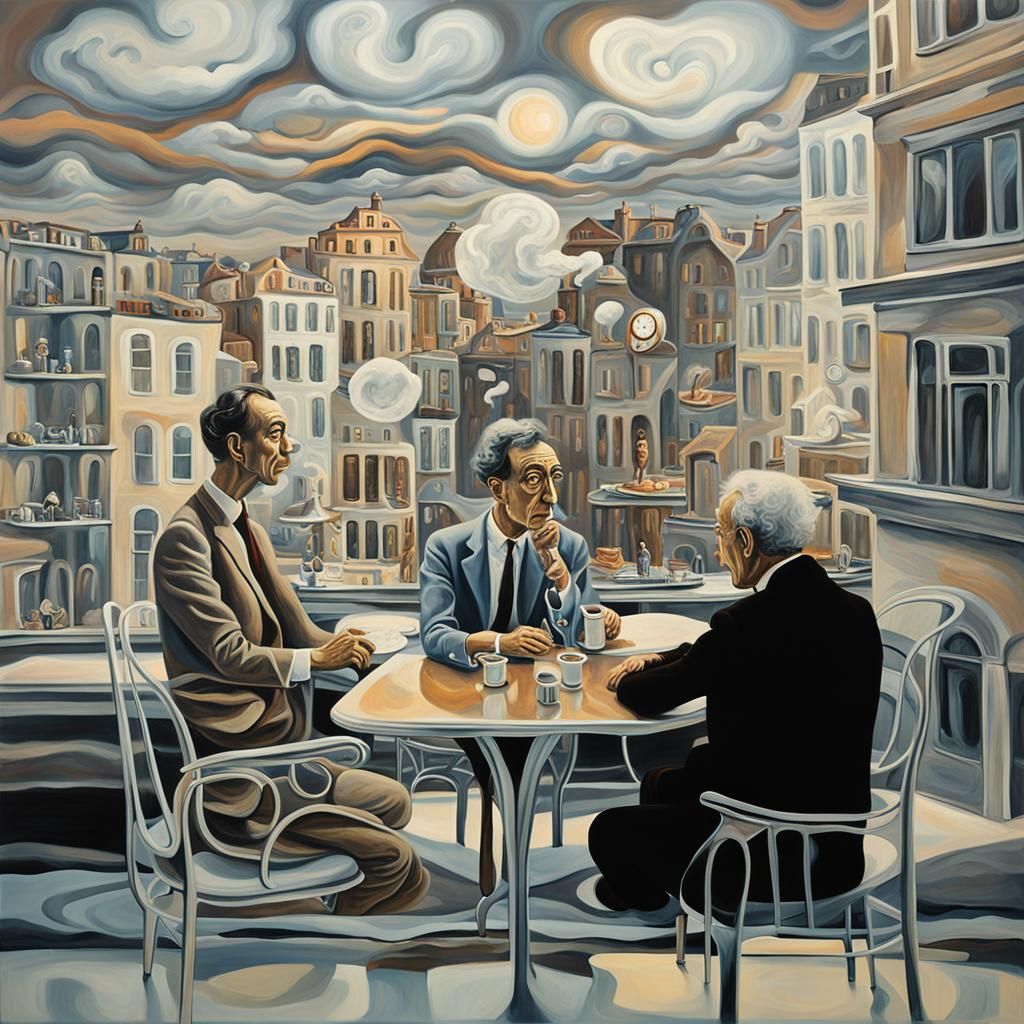 Philosophers in a Surreal Dreamscape, Oil Painting Style