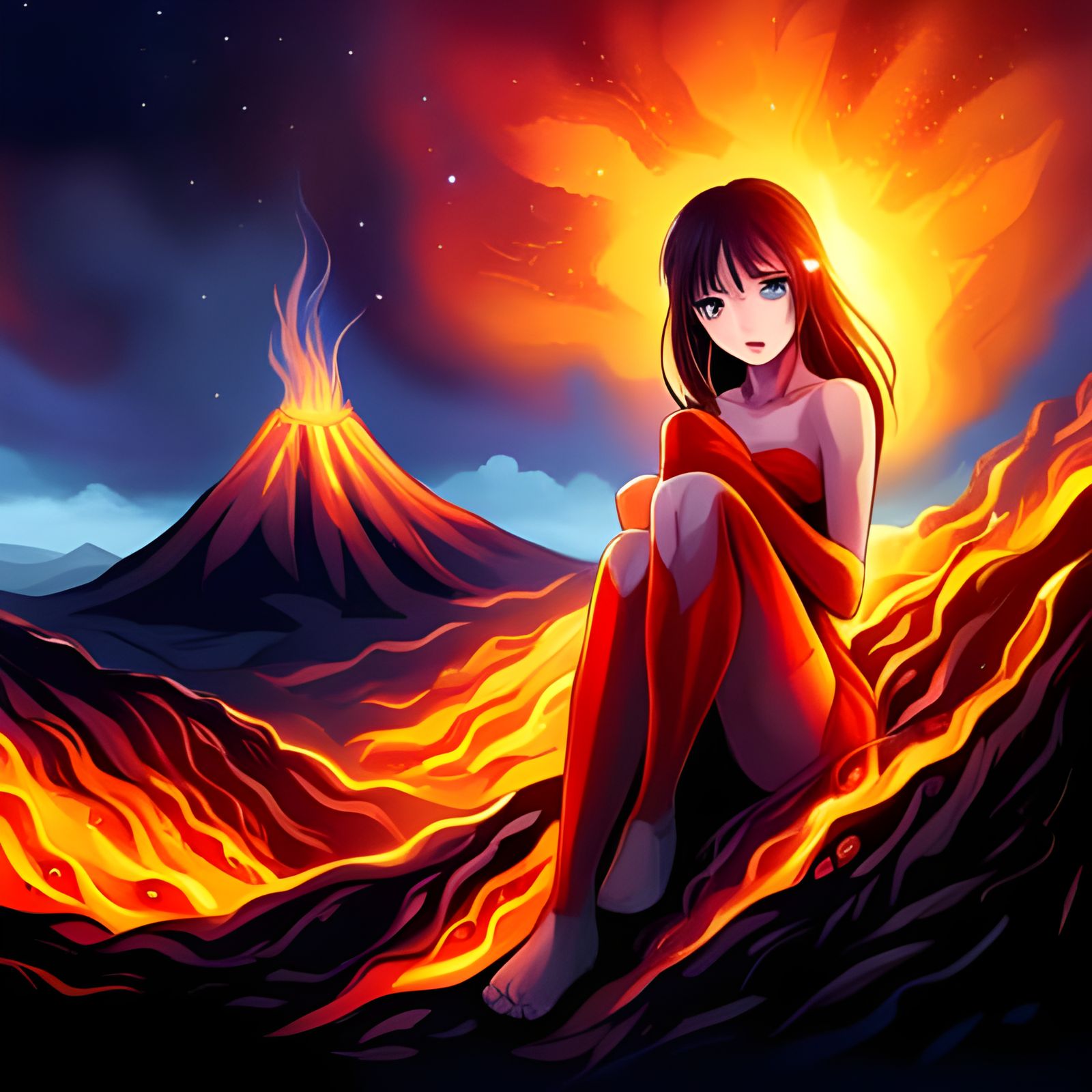 Volcanic Goddess in Scorching Landscape, Manhwa Style