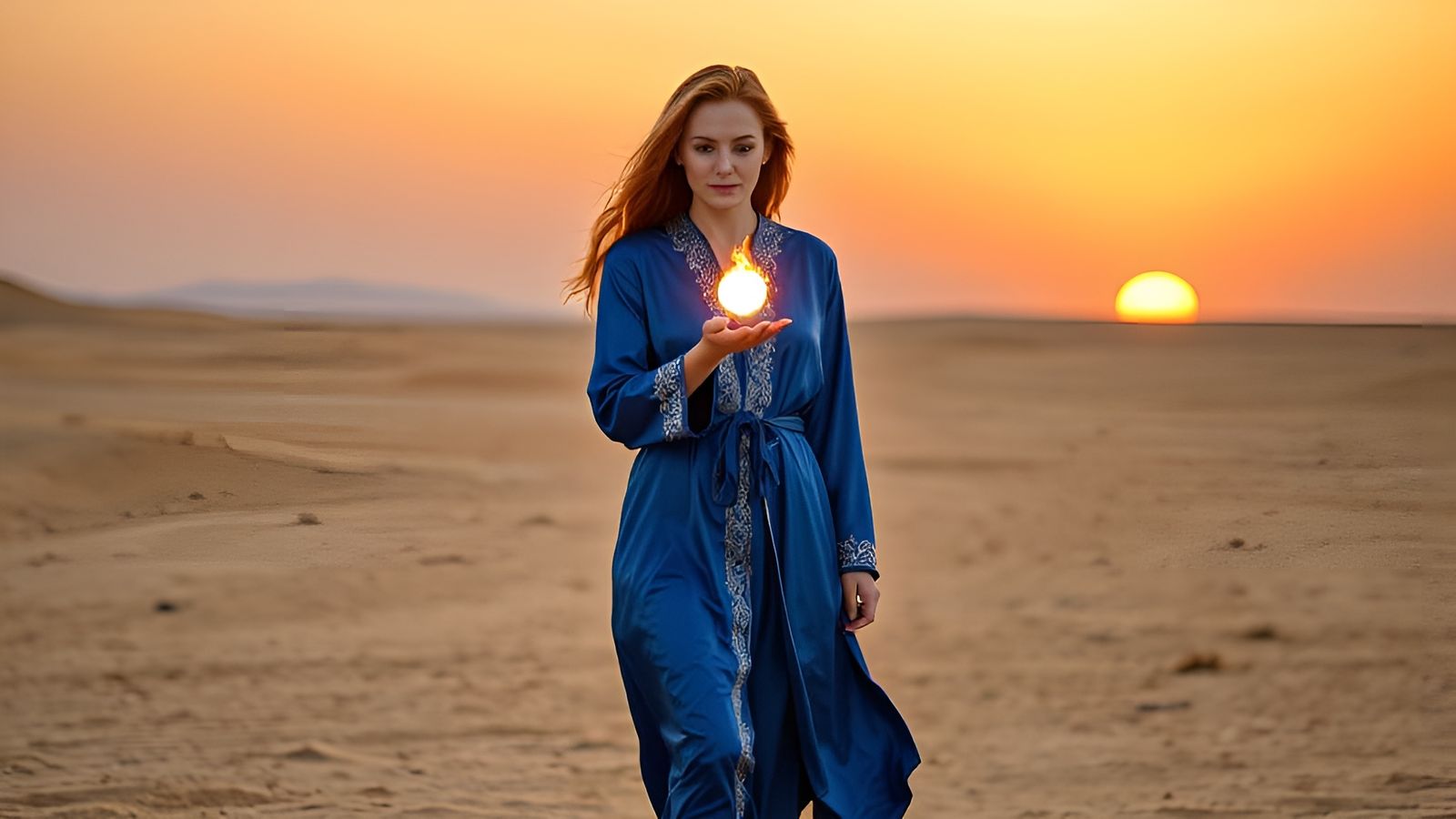 Woman With Fire Orb in Desert Sunset