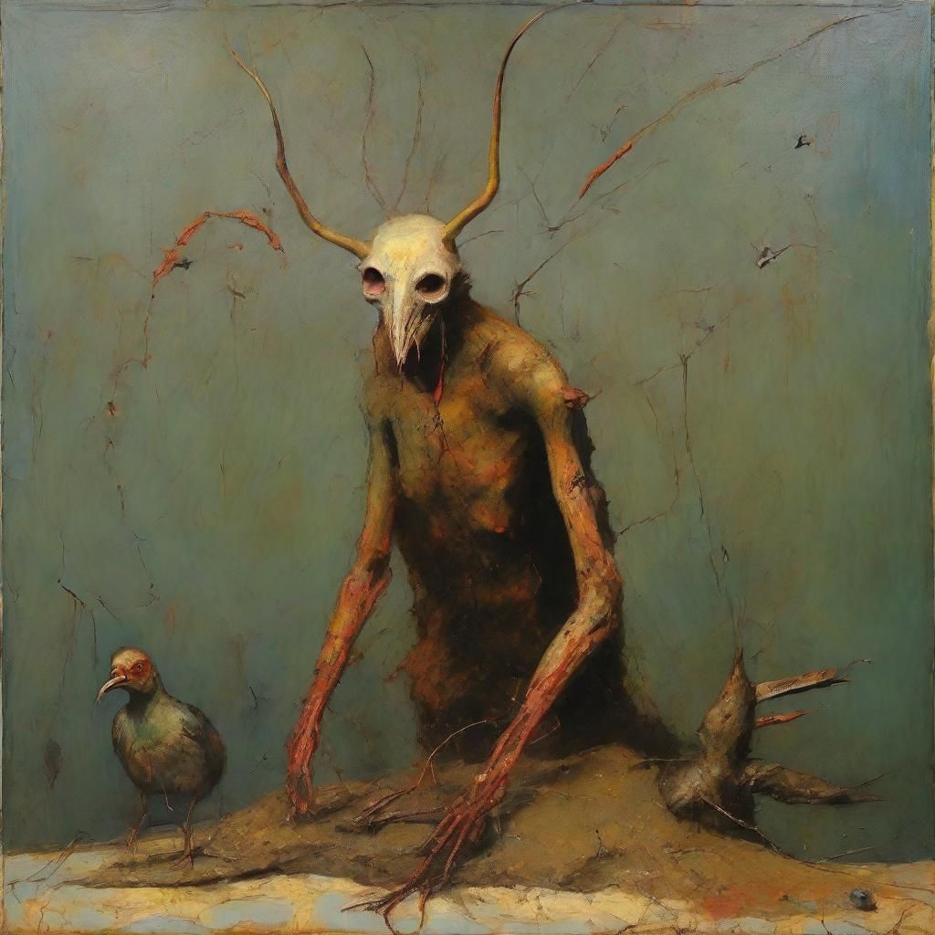 Surreal Bird-Headed Man in Decaying Landscape
