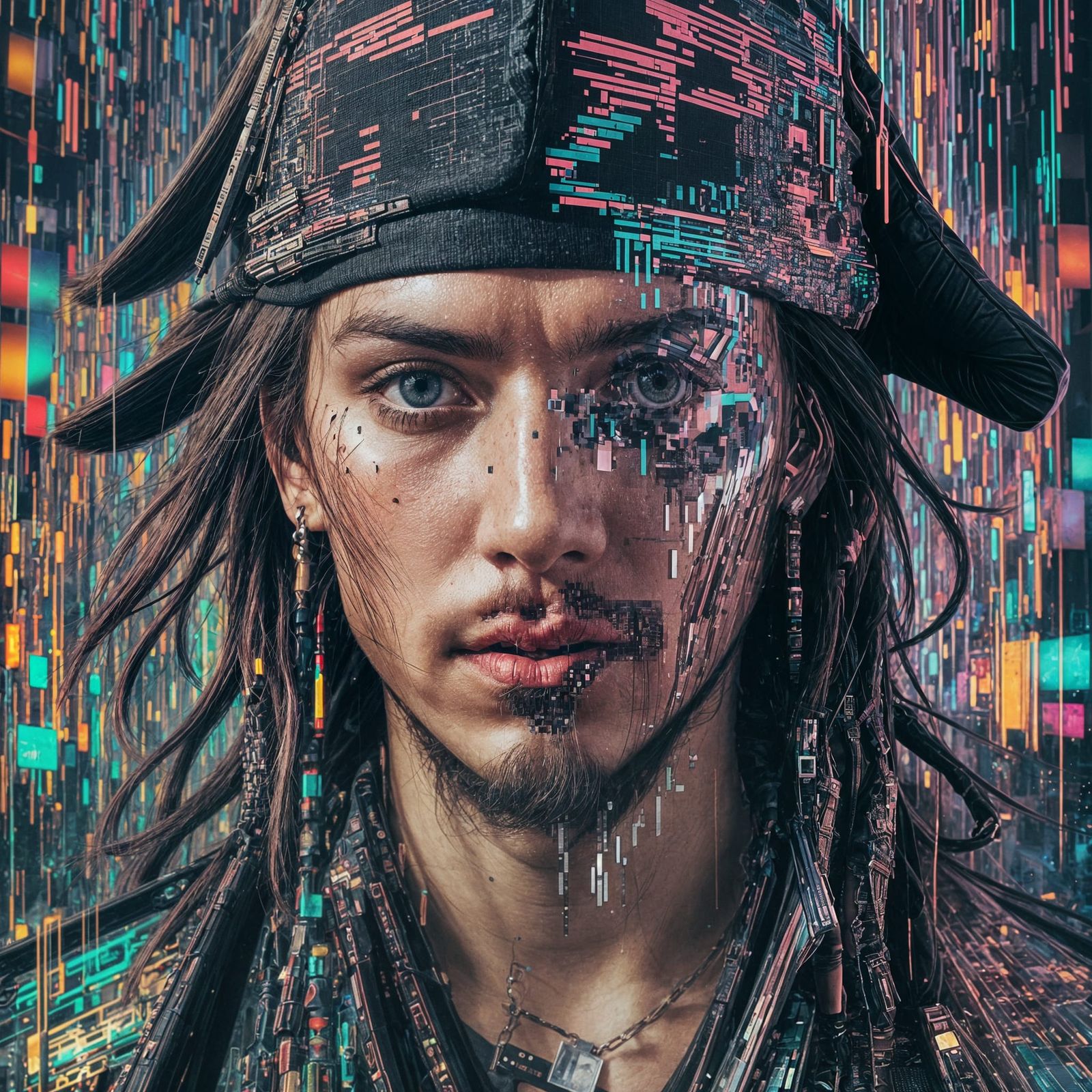 Mysterious Pirate in Glitchcore Style with Holographic Color...