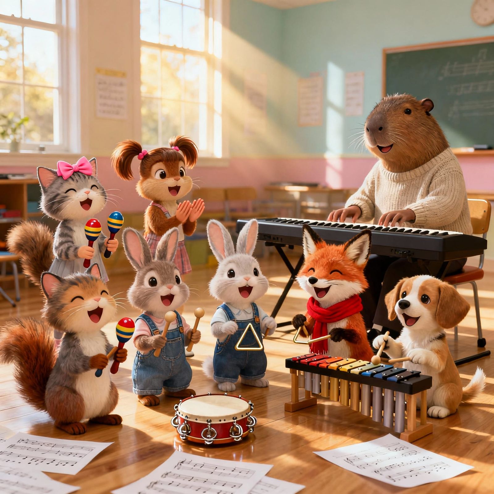 Animals Enjoy Music Class in Cozy Classroom