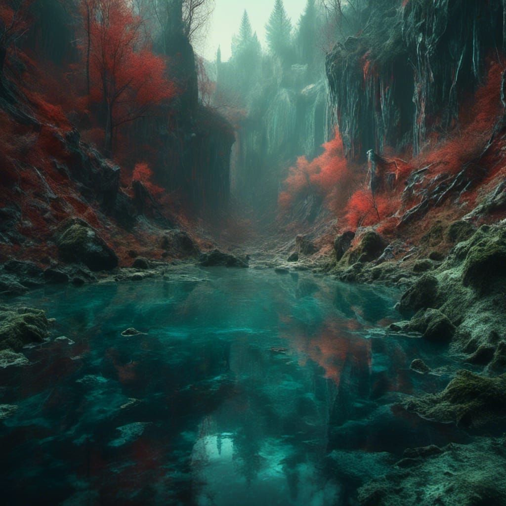 Eerie Macabre Landscape in Pre-Raphaelite Style