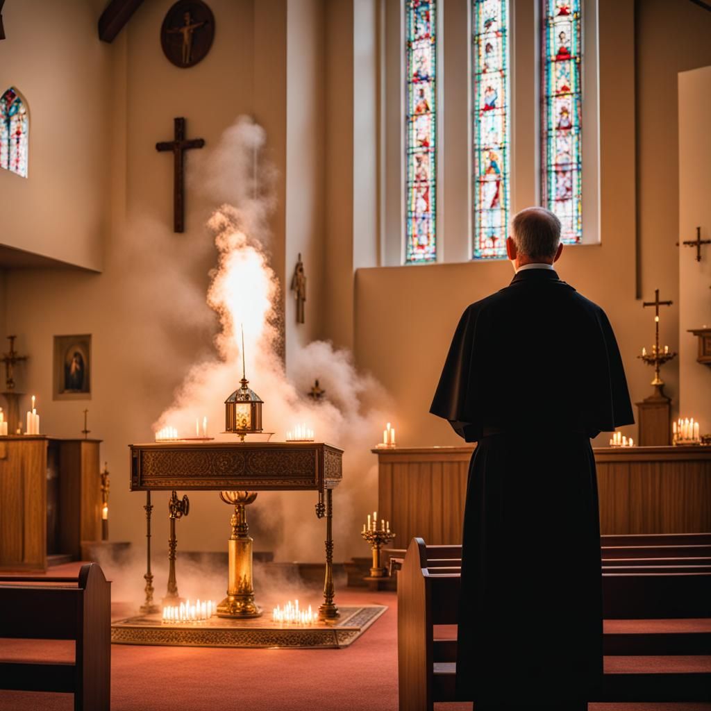 Priest in Adoration Chapel Filled with Incense