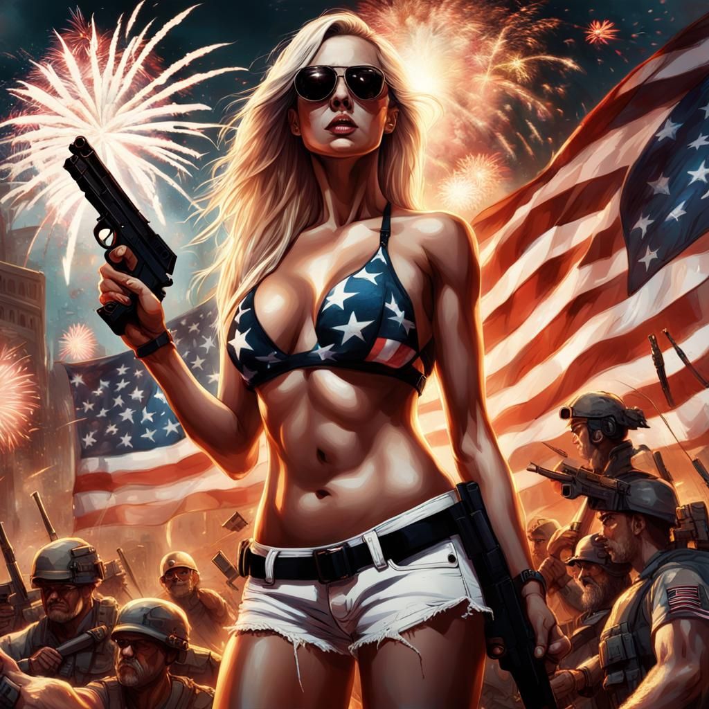 Military Woman with American Flag, Digital Art