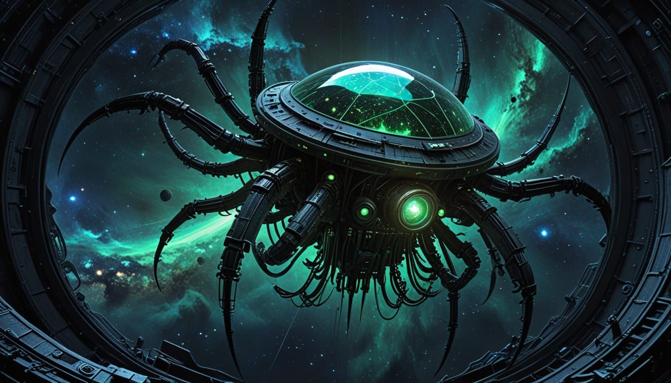 Cosmic Steampunk Spider Automata in Van Gogh Giger Style