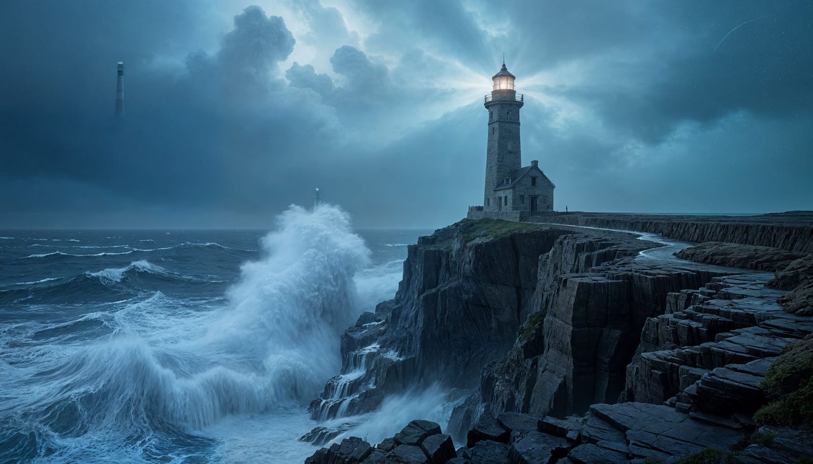 Lighthouse on Obsidian Cliff in Tempestuous Sea