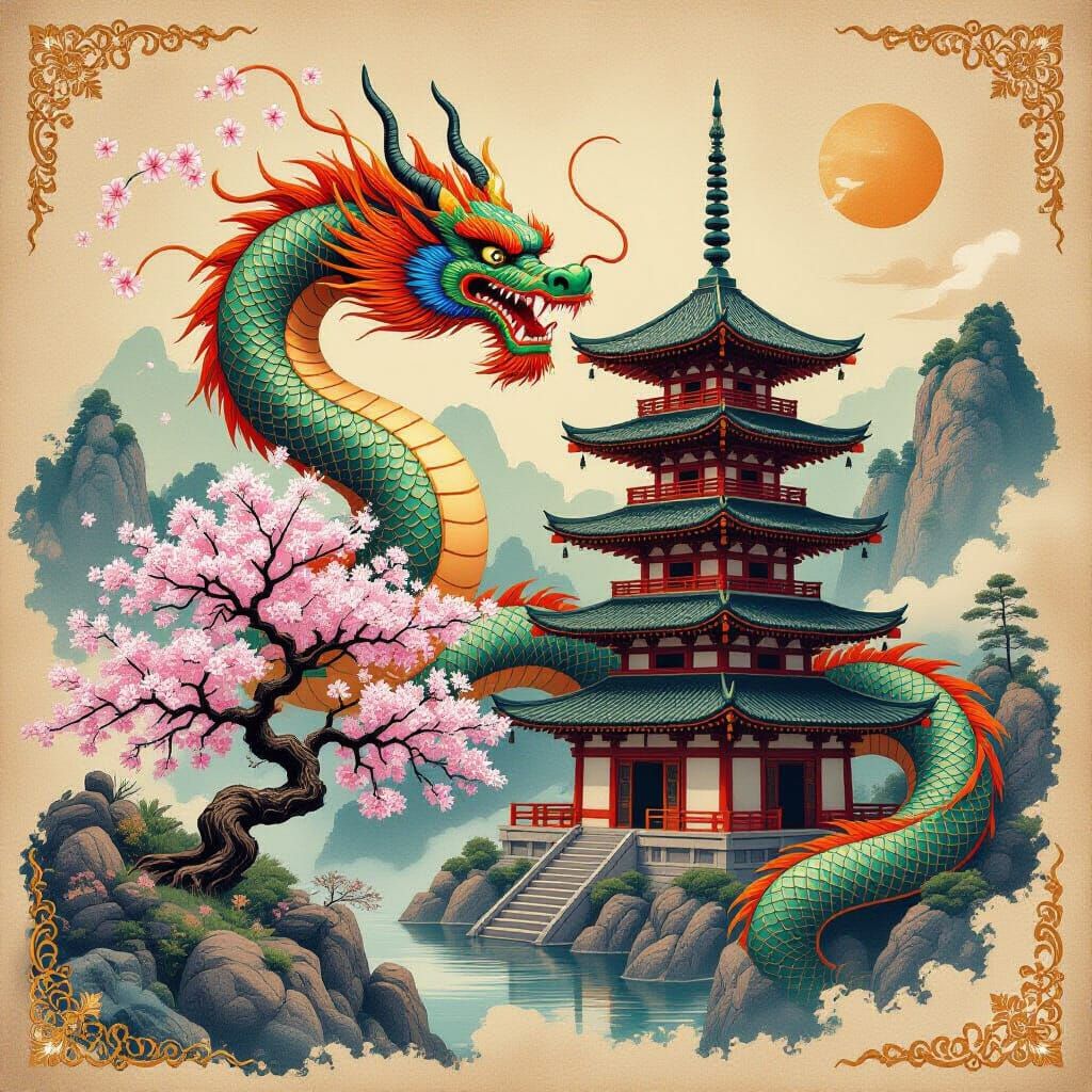 A classic Kano-ha Japanese illustration of an Asian Dragon n...