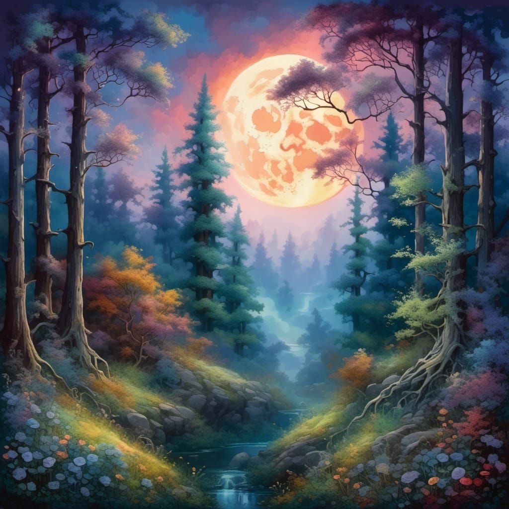 Dreamy Moonlit Forest in Watercolor Style