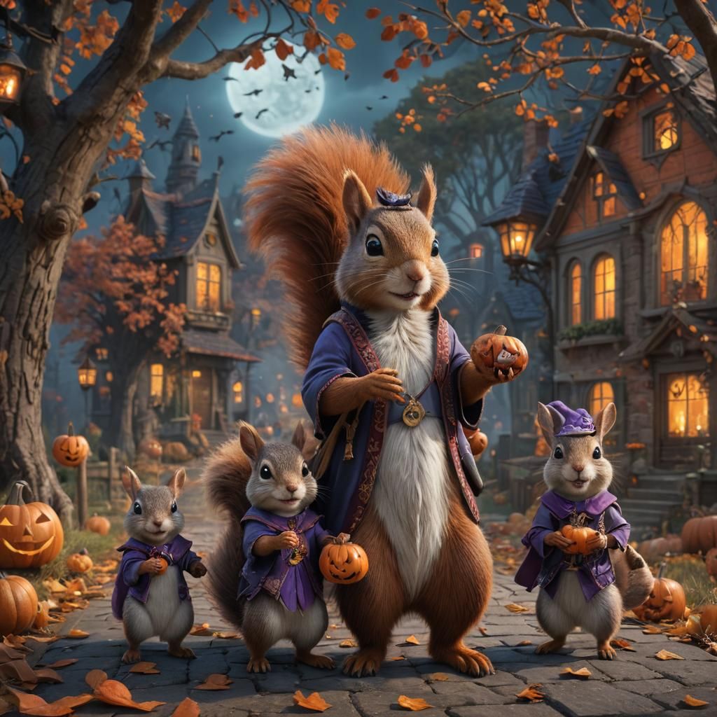 Cute Squirrel Family Trick-or-Treating in Detailed Painting