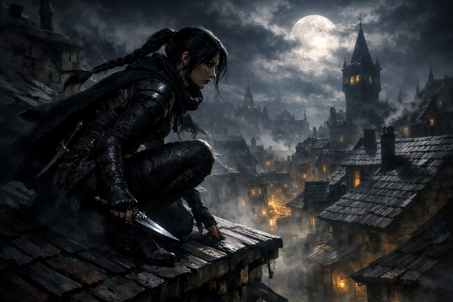 Rooftop Rogue in Moonlit Medieval City