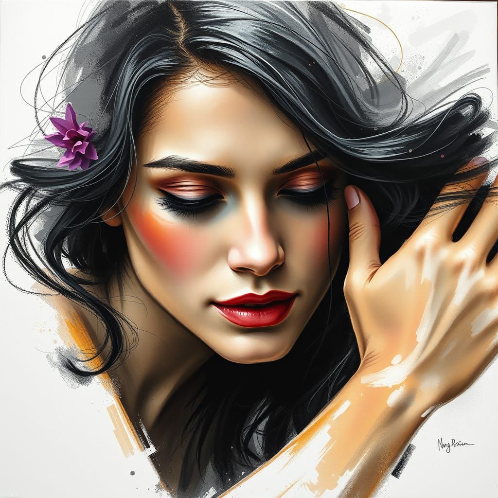 Romantic Woman Portrait in Gouache and Watercolor Style