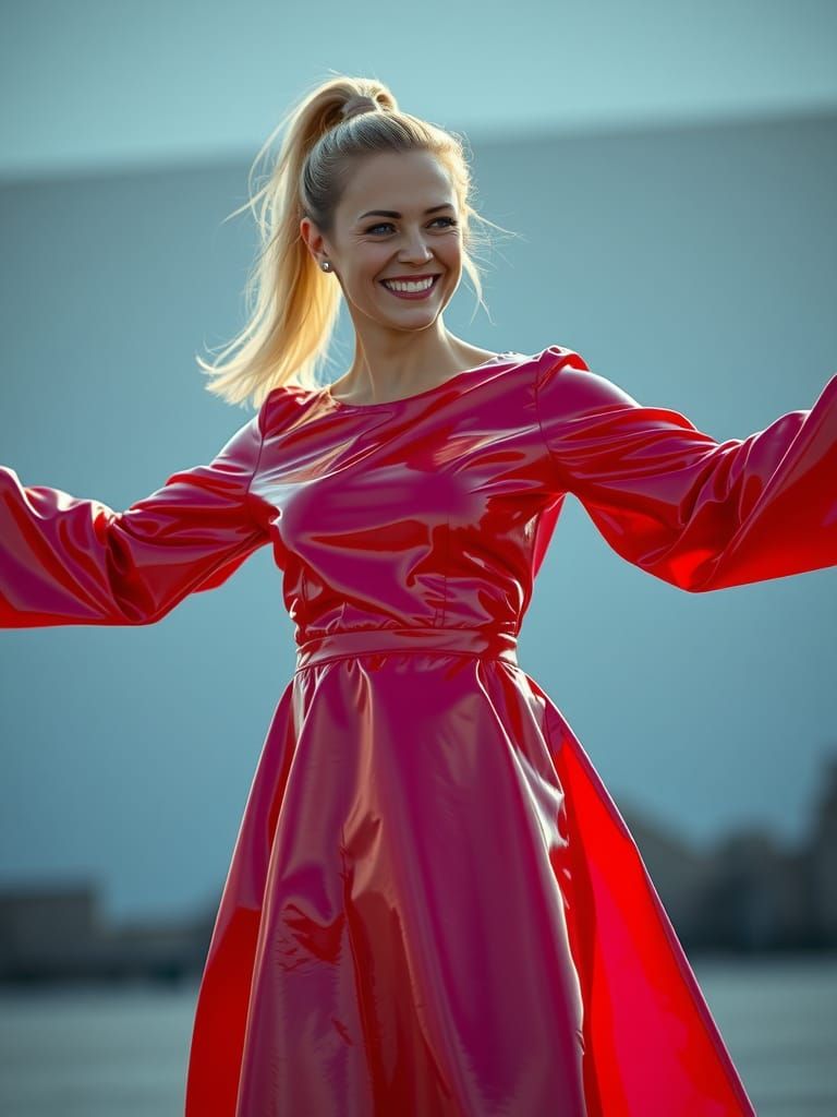 Woman in Red PVC Dress, Retro-Futuristic Style