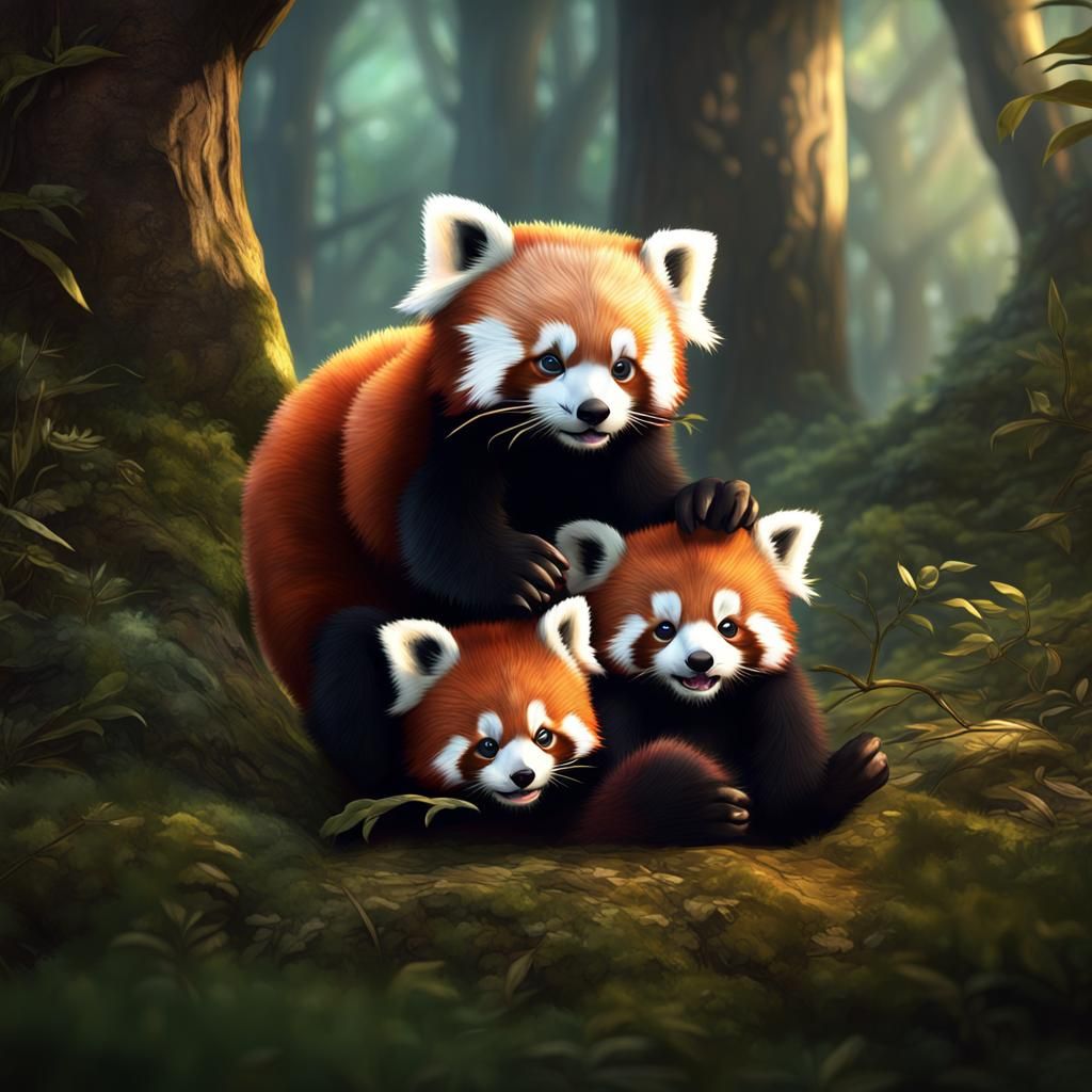 Red Panda and Panda Cub Play in Forest
