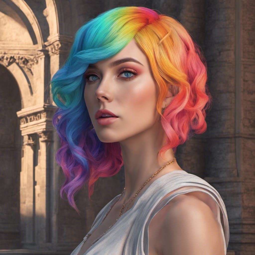 Rainbow Haired Woman in Castle: Pastel Pencil Sketch