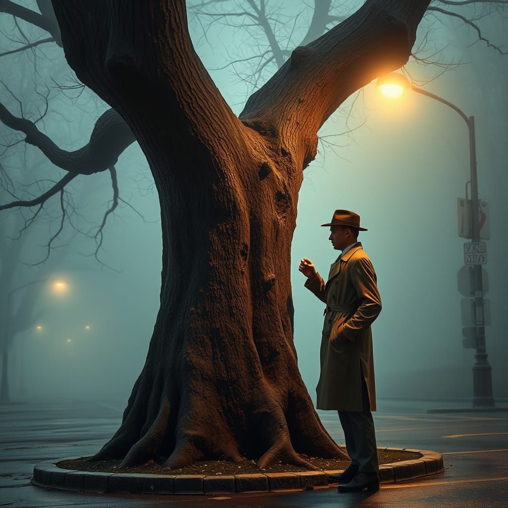 Vintage Detective Examines Peculiar Tree on Foggy Street