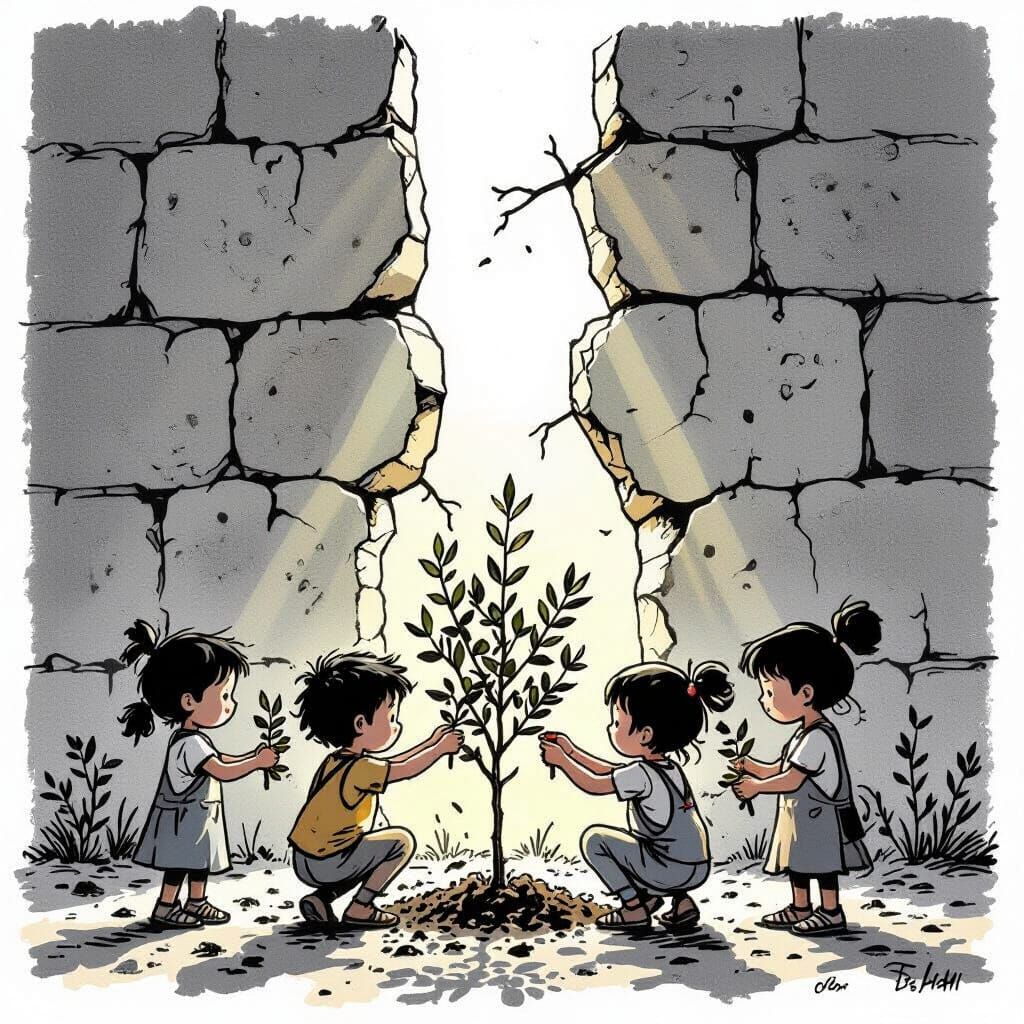 Children Planting Olive Trees at Cracked Wall