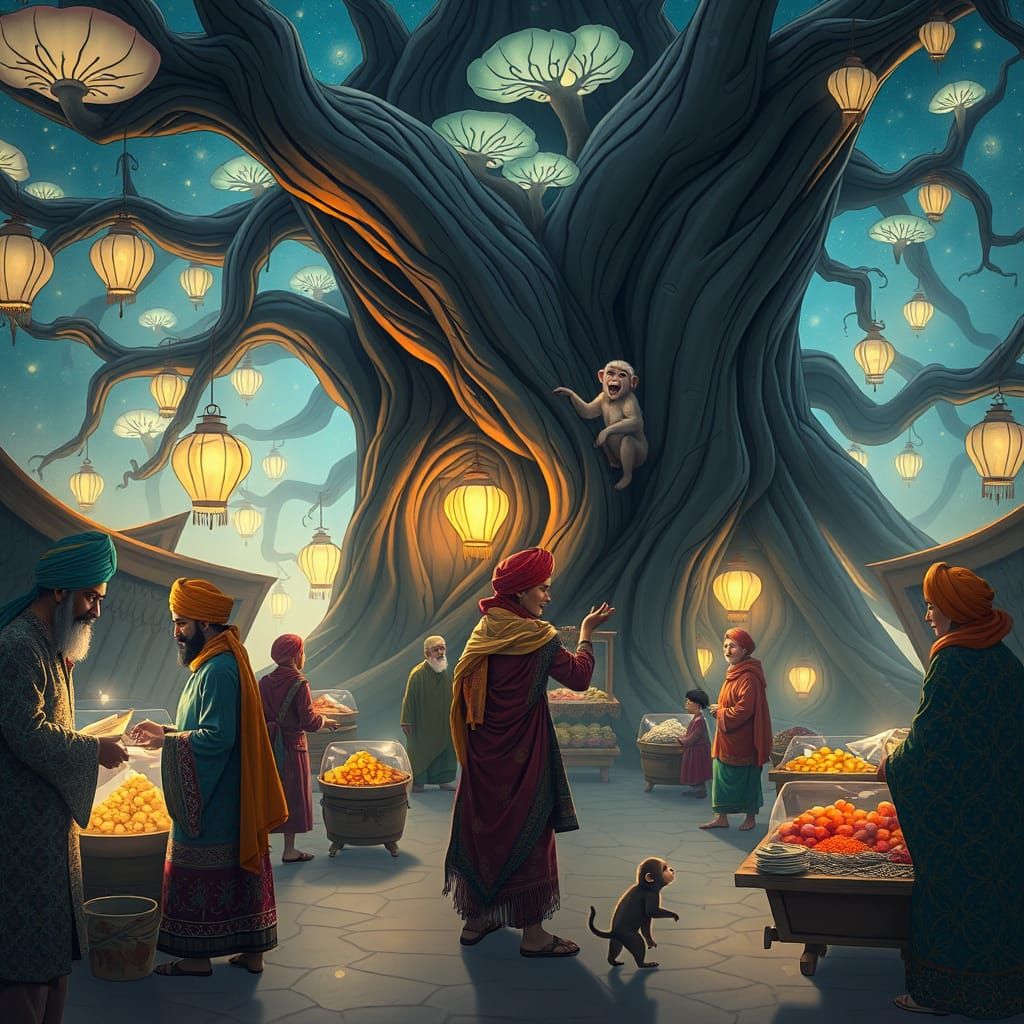 Whimsical Tree Market Scene in Islamic Art and Studio Ghibli...
