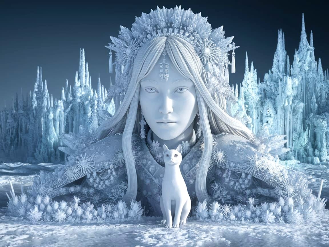 Yuki-onna With White Cat in Fractal Frost Palace