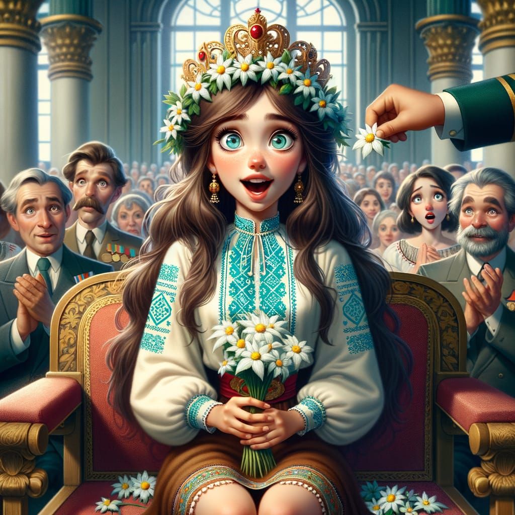 Queen in Classic Animation Style Accepting Edelweiss Crown