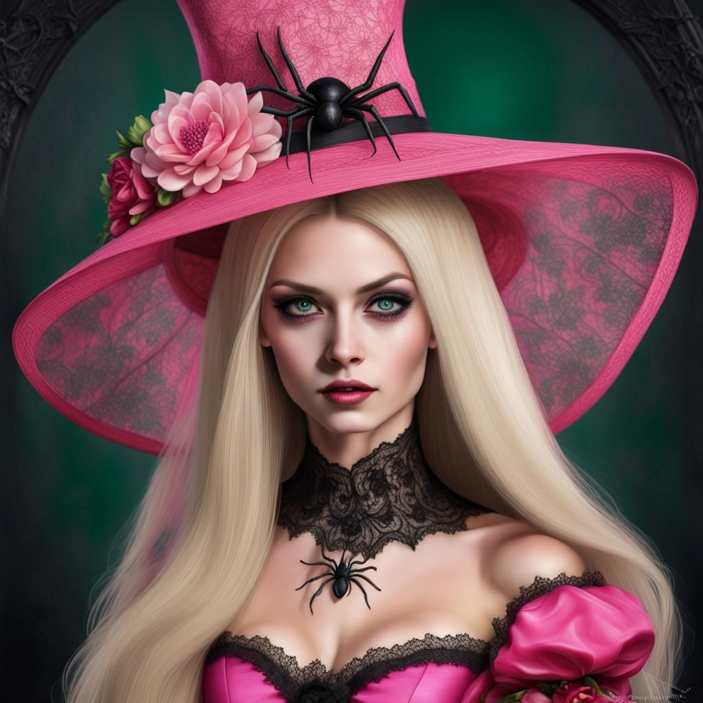 Gothic Mistress Portrait with Pink Dress and Spider Hat